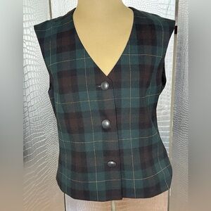 Louis Feraud Vintage 80s Womens Vest Green Brown Tartan Plaid Pattern Size 6 US